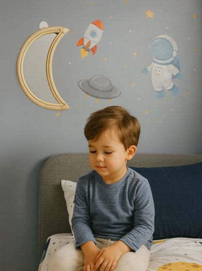 Rattan Moon Wall Mirror – Boho Space &amp; Mystical Kids Room Decor