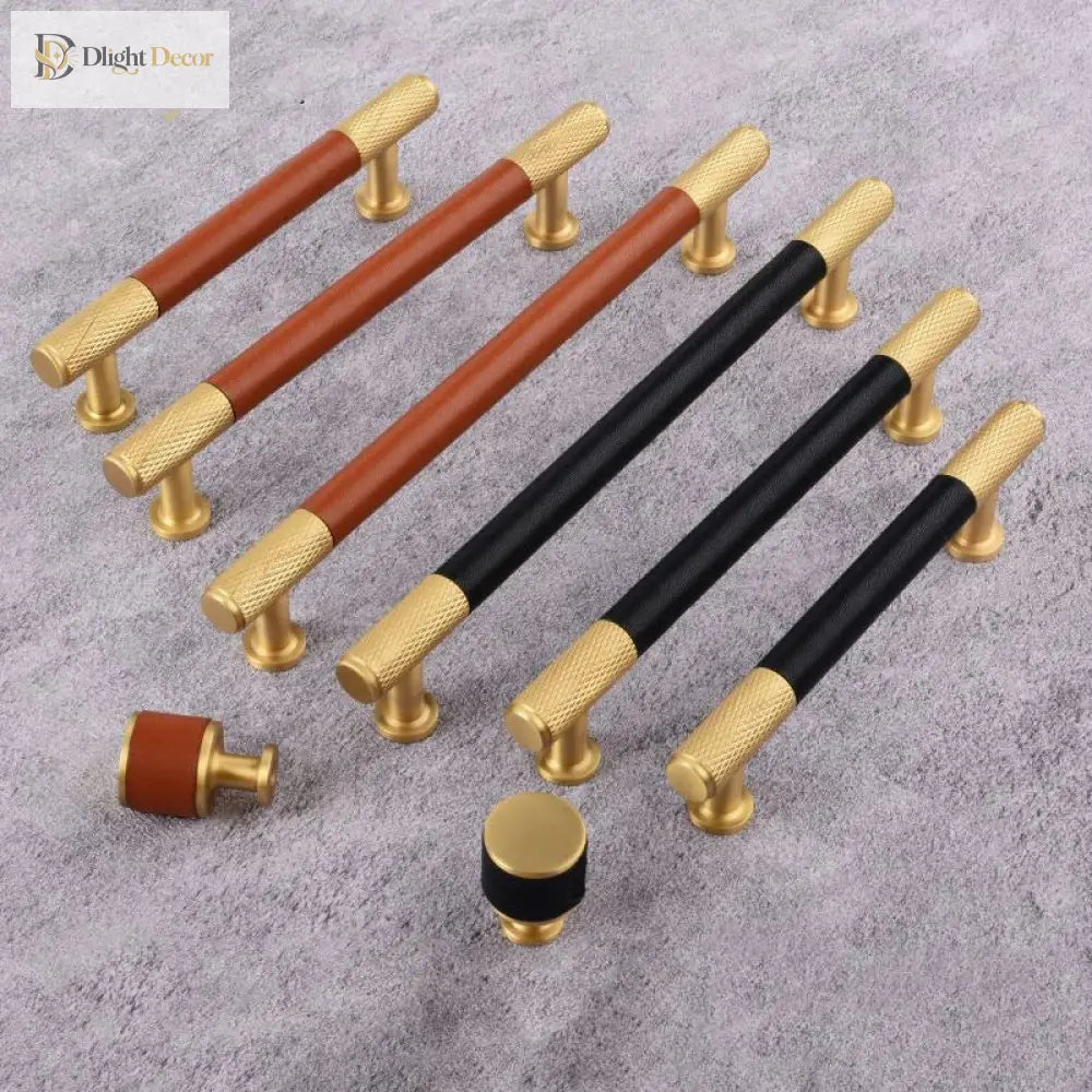 Brown/Black Leather Handles – Brass Knurled Cabinet Bar Handles and Furniture Knobs