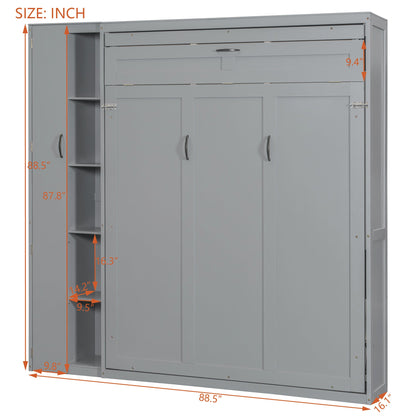 Queen Size Murphy Bed Wall Bed with Shelves, Wardrobe and LED Lights, Gray