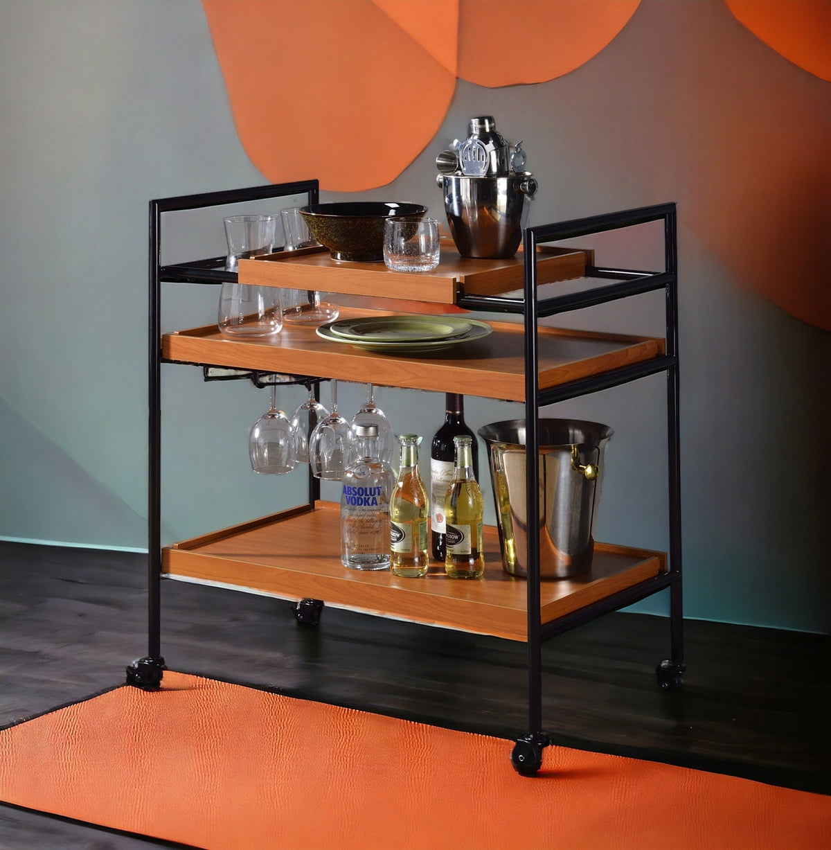 Honey Oak &amp; Black Finish Bar Cart with Wooden Trays - Oaken