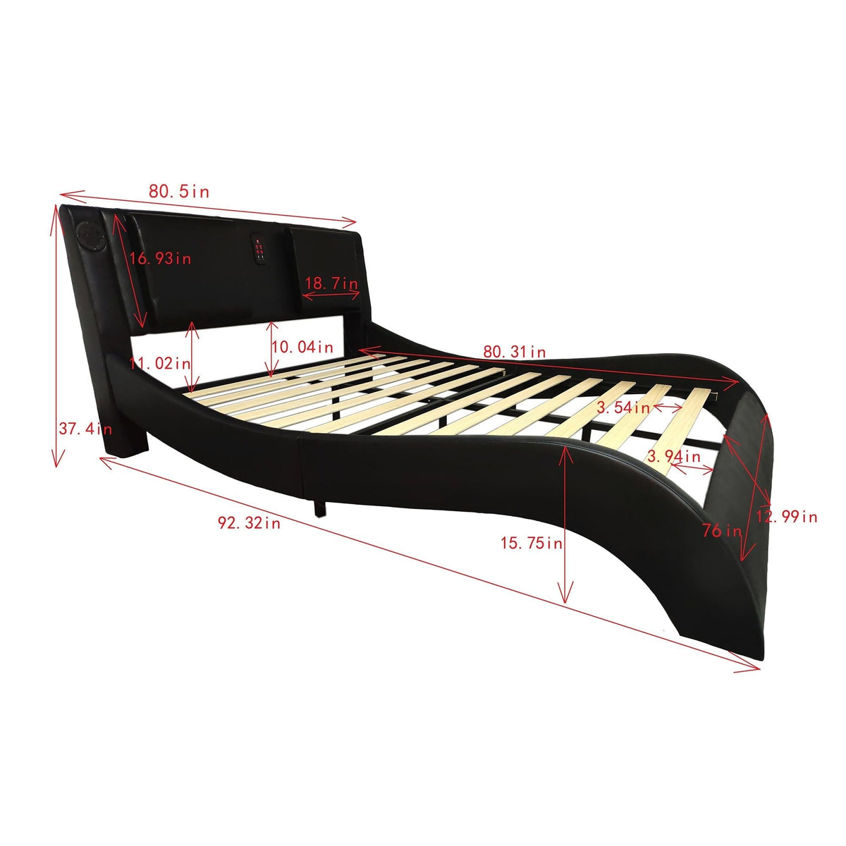 Platform Bed Frame with LED Lighting, Bluetooth &amp; Massage - Faux Leather