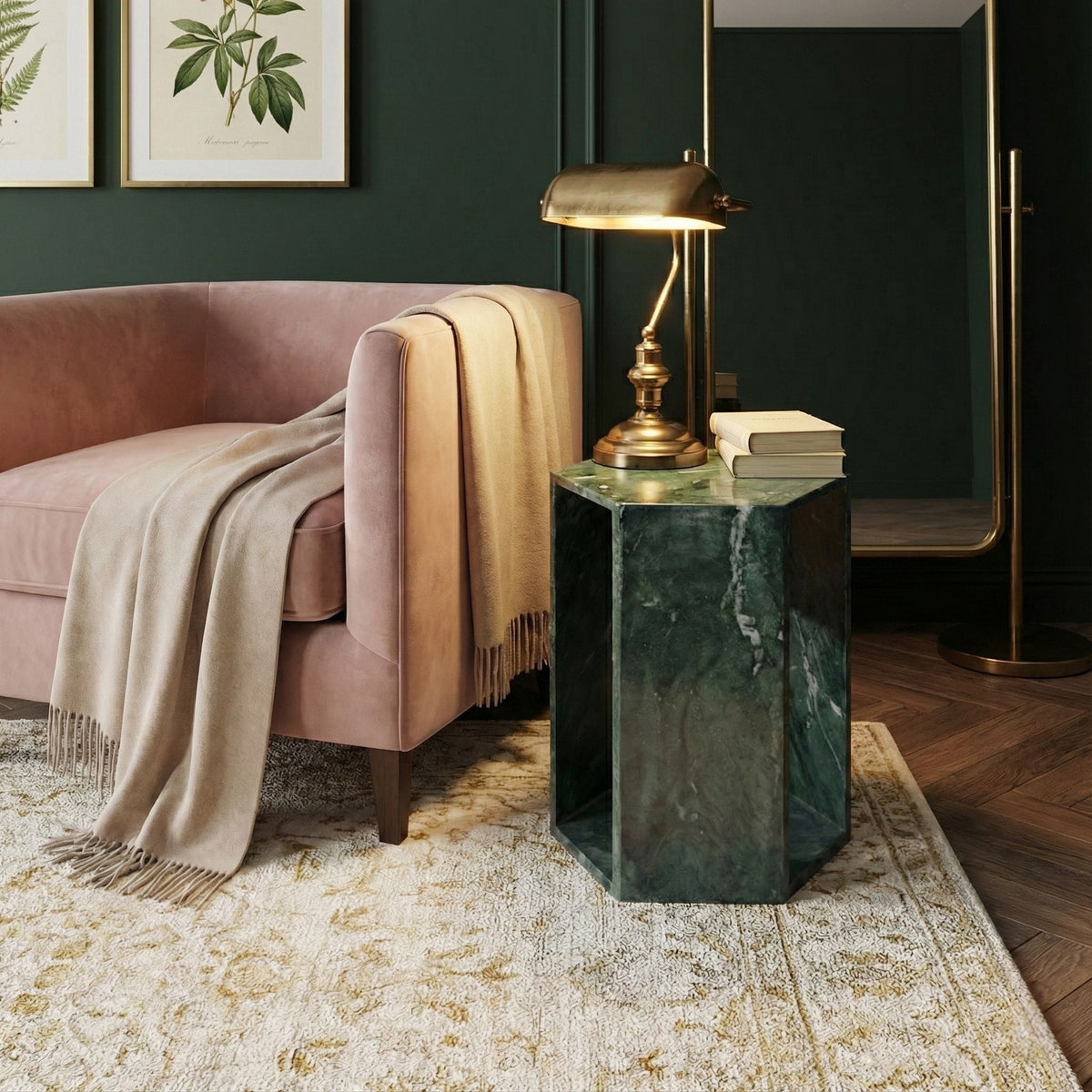 Modern Minimalist Hexagon Side Table with Honed Marble Finish - Gold, White, Pink, Dark Green, Dark Gray