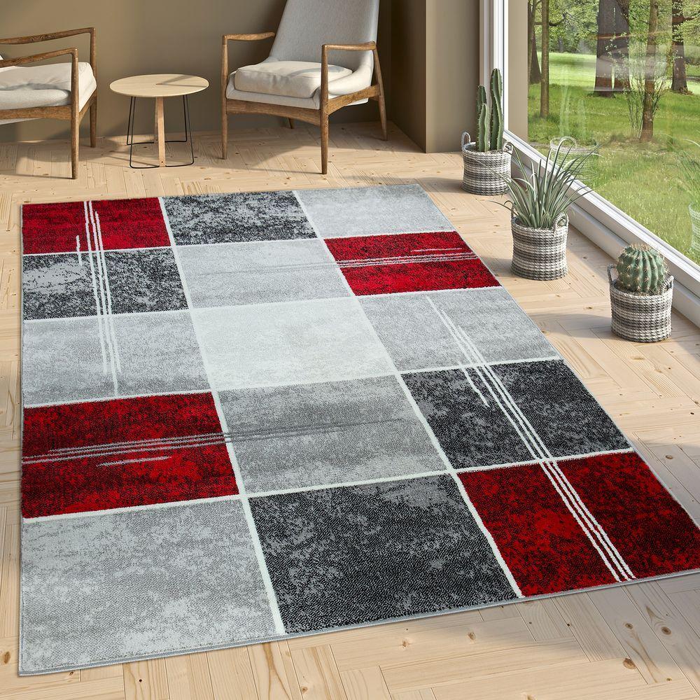 Checked Area Rug Marble Effect Modern Grey Red