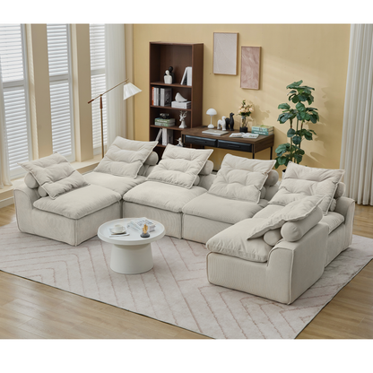 Modular Sofa 6-Piece Set with Neck &amp; Waist Pillows - Beige Corduroy