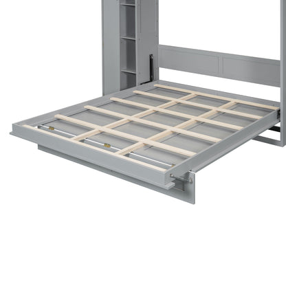 Queen Size Murphy Bed Wall Bed with Shelves, Wardrobe and LED Lights, Gray
