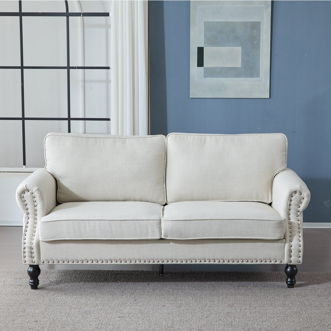 68 Inch Faux Leather Rolled Arm Sofa with Nailhead Trim - Beige