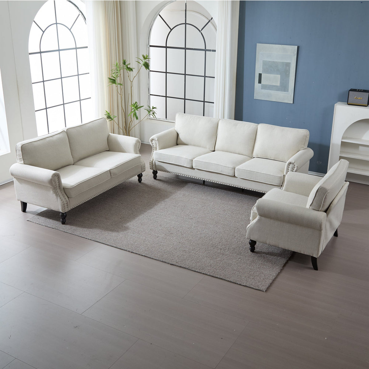 68 Inch Faux Leather Rolled Arm Sofa with Nailhead Trim - Beige