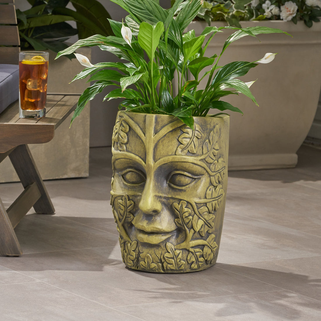 Garden Urn Planter with Carved Detail - Antique Green