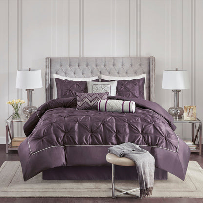 7 Piece Tufted Comforter Set in Plum for King Beds
