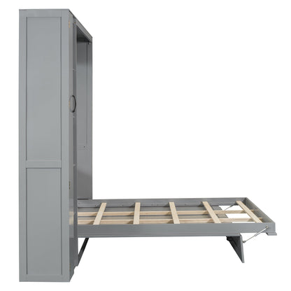 Queen Size Murphy Bed Wall Bed with Shelves, Wardrobe and LED Lights, Gray