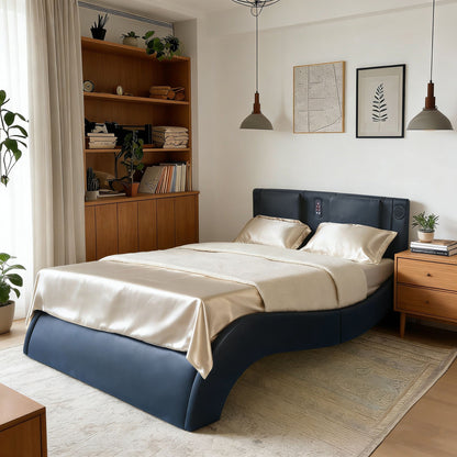 Platform Bed Frame with LED Lighting, Bluetooth &amp; Massage - Faux Leather