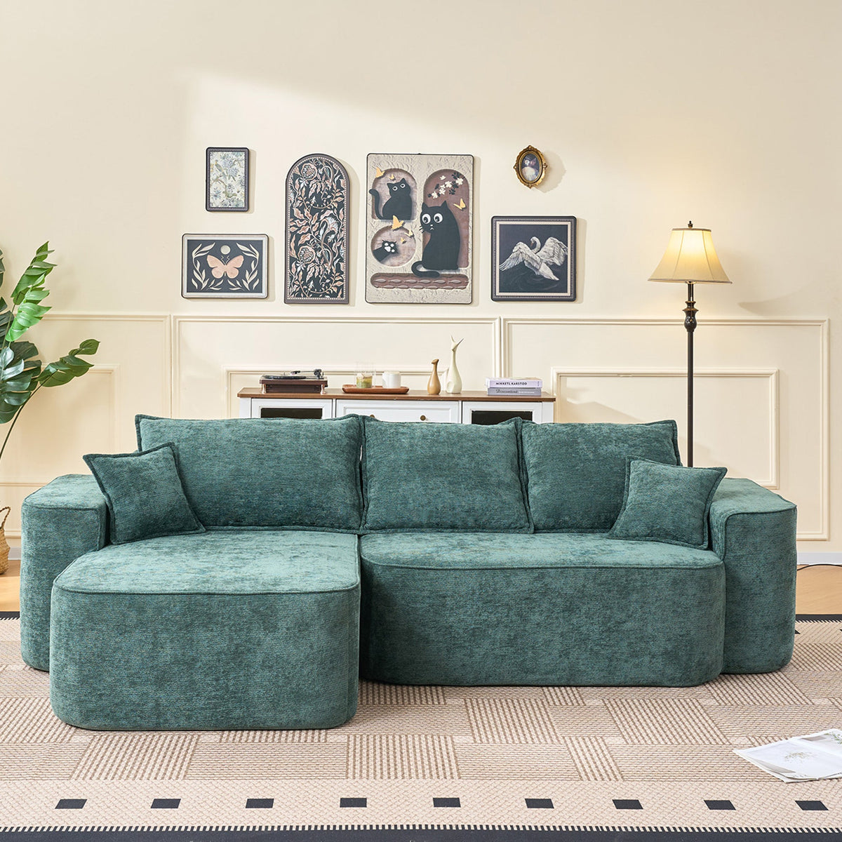 Modern Green Chenille L Shaped Sectional Sofa with Chaise