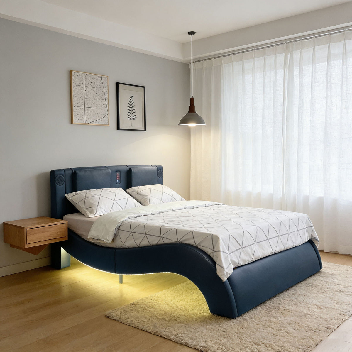 Platform Bed Frame with LED Lighting, Bluetooth &amp; Massage - Faux Leather