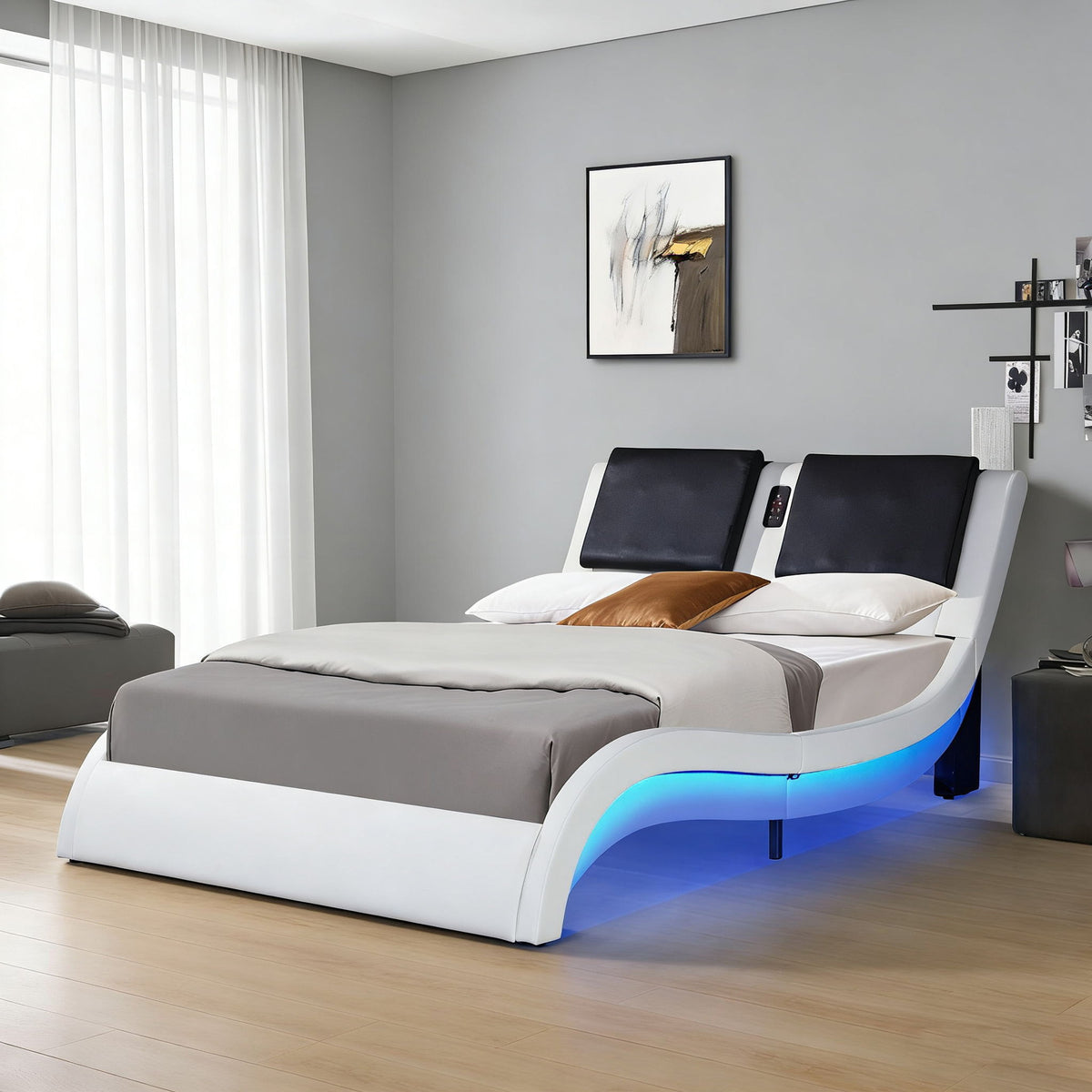 Platform Bed Frame with LED Lighting, Bluetooth &amp; Massage - Faux Leather