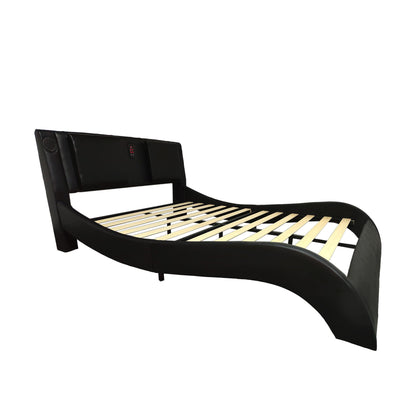 Platform Bed Frame with LED Lighting, Bluetooth &amp; Massage - Faux Leather