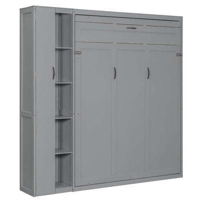 Queen Size Murphy Bed Wall Bed with Shelves, Wardrobe and LED Lights, Gray