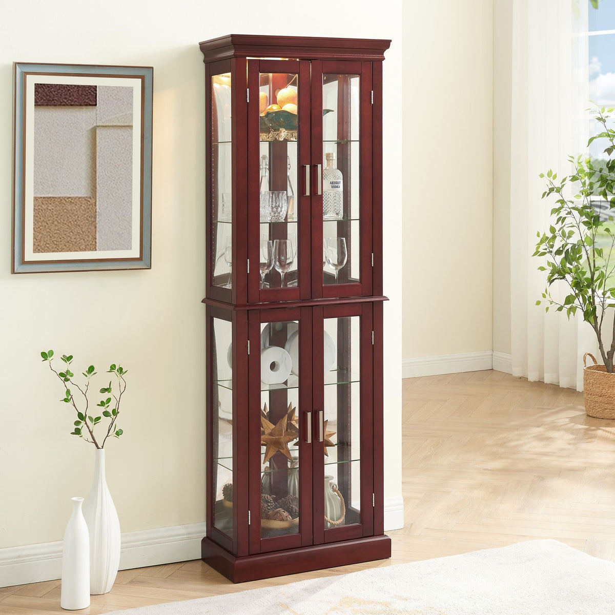 Lighted Curio Cabinet with Adjustable Shelves and Mirrored Back Panel - Dark Brown, Dark Red, Light Brown