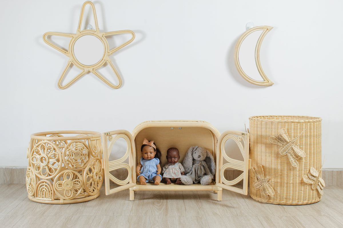 Rattan Moon Wall Mirror – Boho Space &amp; Mystical Kids Room Decor