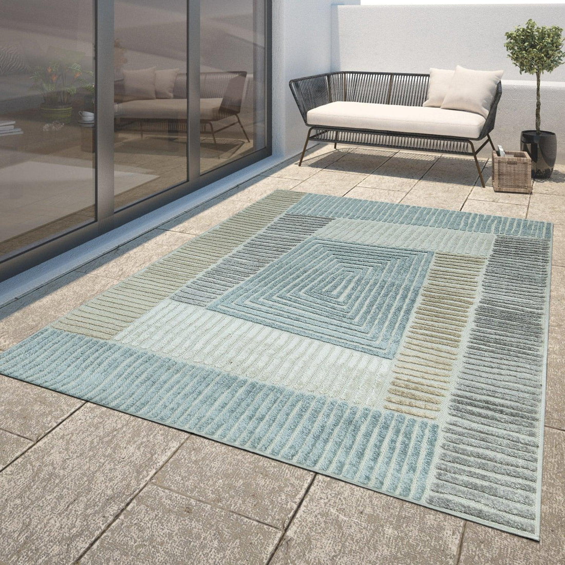 In- &amp; Outdoor Rug Marrakesh Carved Design - Brown Blue
