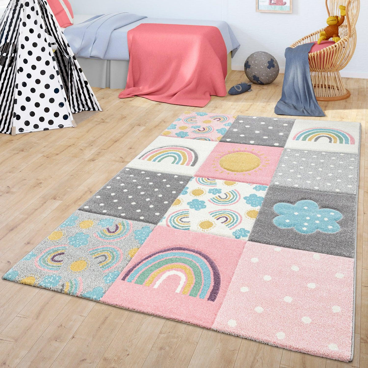 Kids Rug Cosmo with Rainbow &amp; Clouds in Colorful Pink