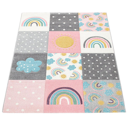 Kids Rug Cosmo with Rainbow &amp; Clouds in Colorful Pink