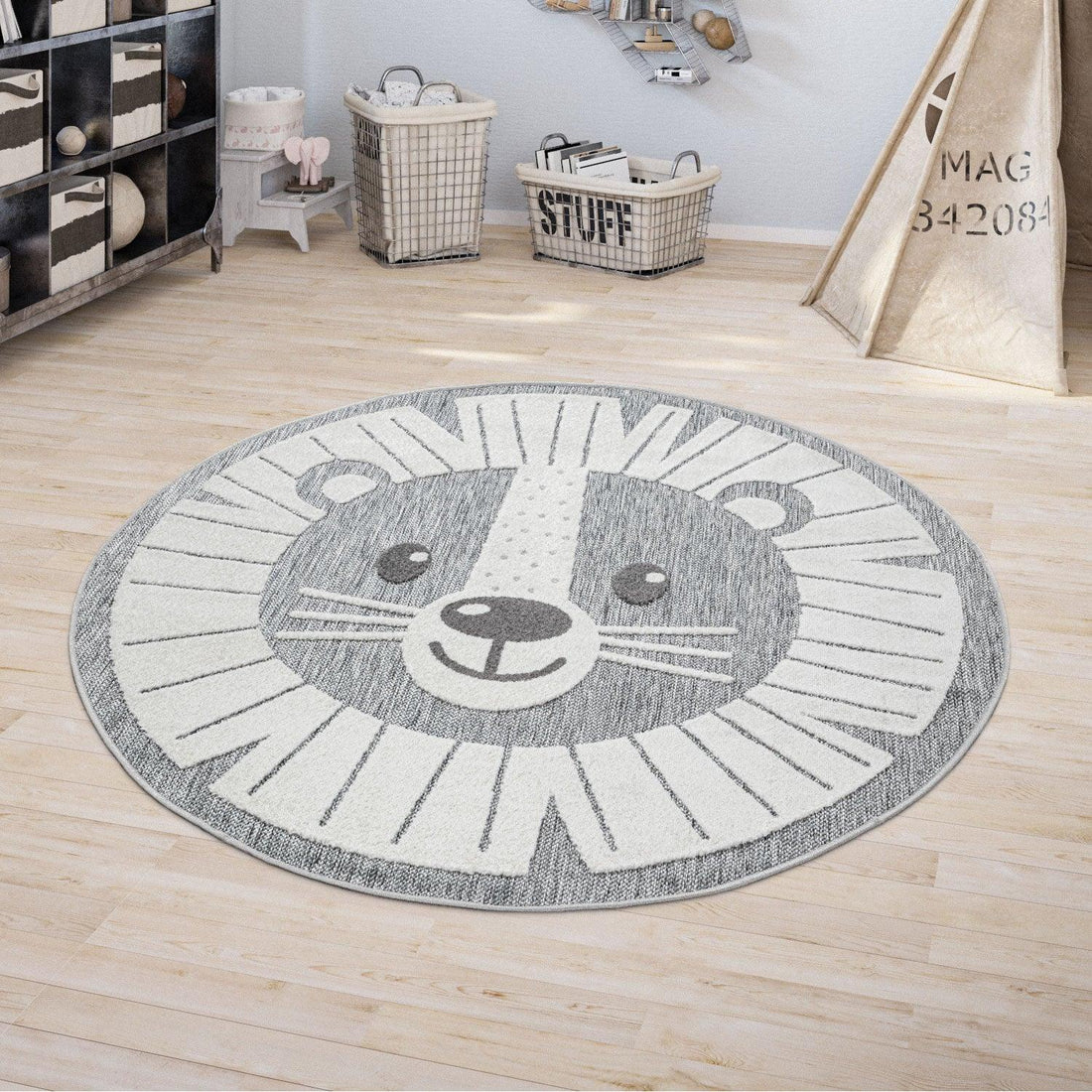 Kids Rug Tweet with Lion Face Round Play Mat in Grey