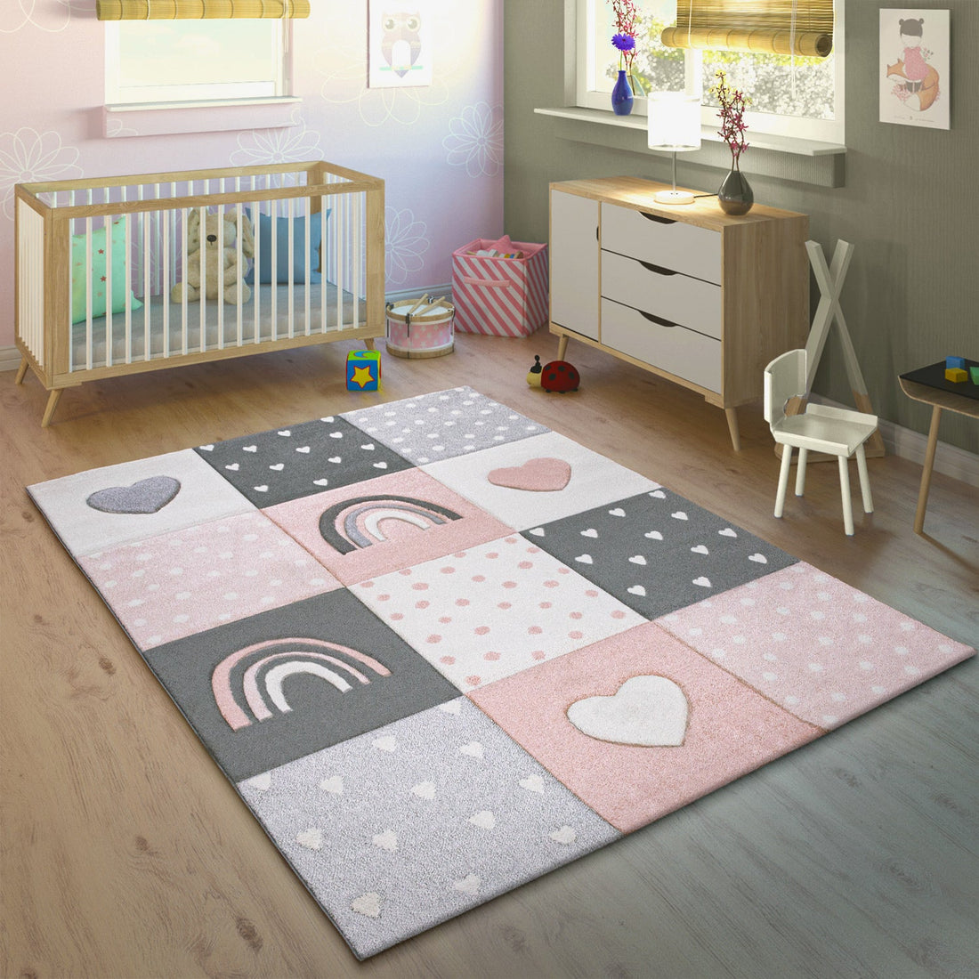 Kids Rug Cosmo Checkered with Rainbows &amp; Hearts - Pink White
