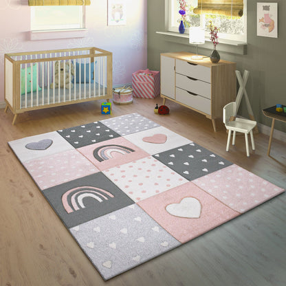 Kids Rug Cosmo Checkered with Rainbows &amp; Hearts - Pink White