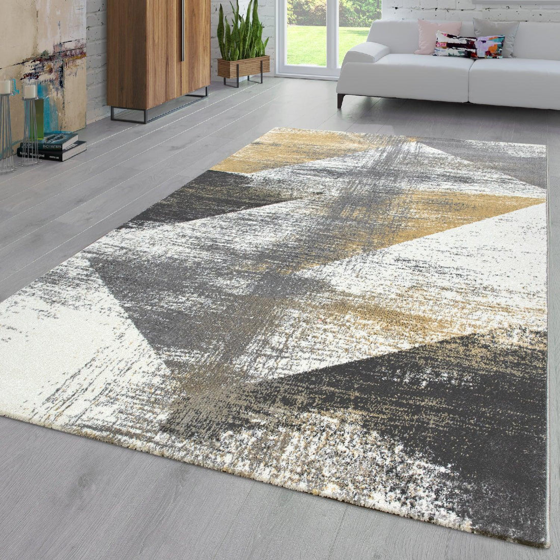Modern Area Rug Mero Abstract Design - Grey White Yellow
