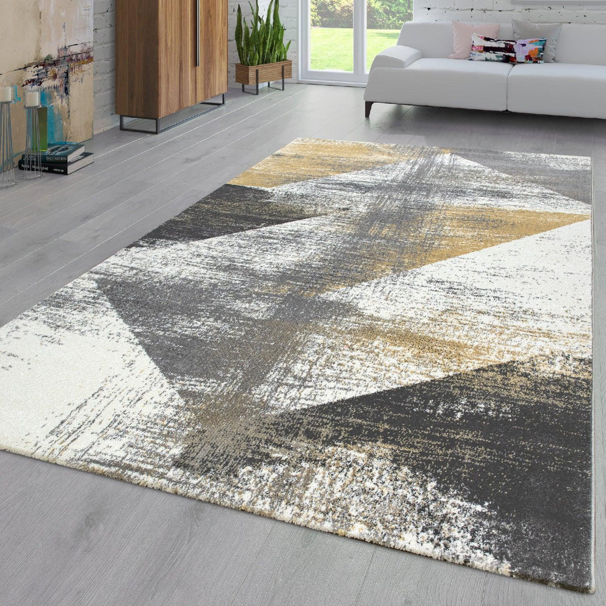 Modern Area Rug Mero Abstract Design - Grey White Yellow