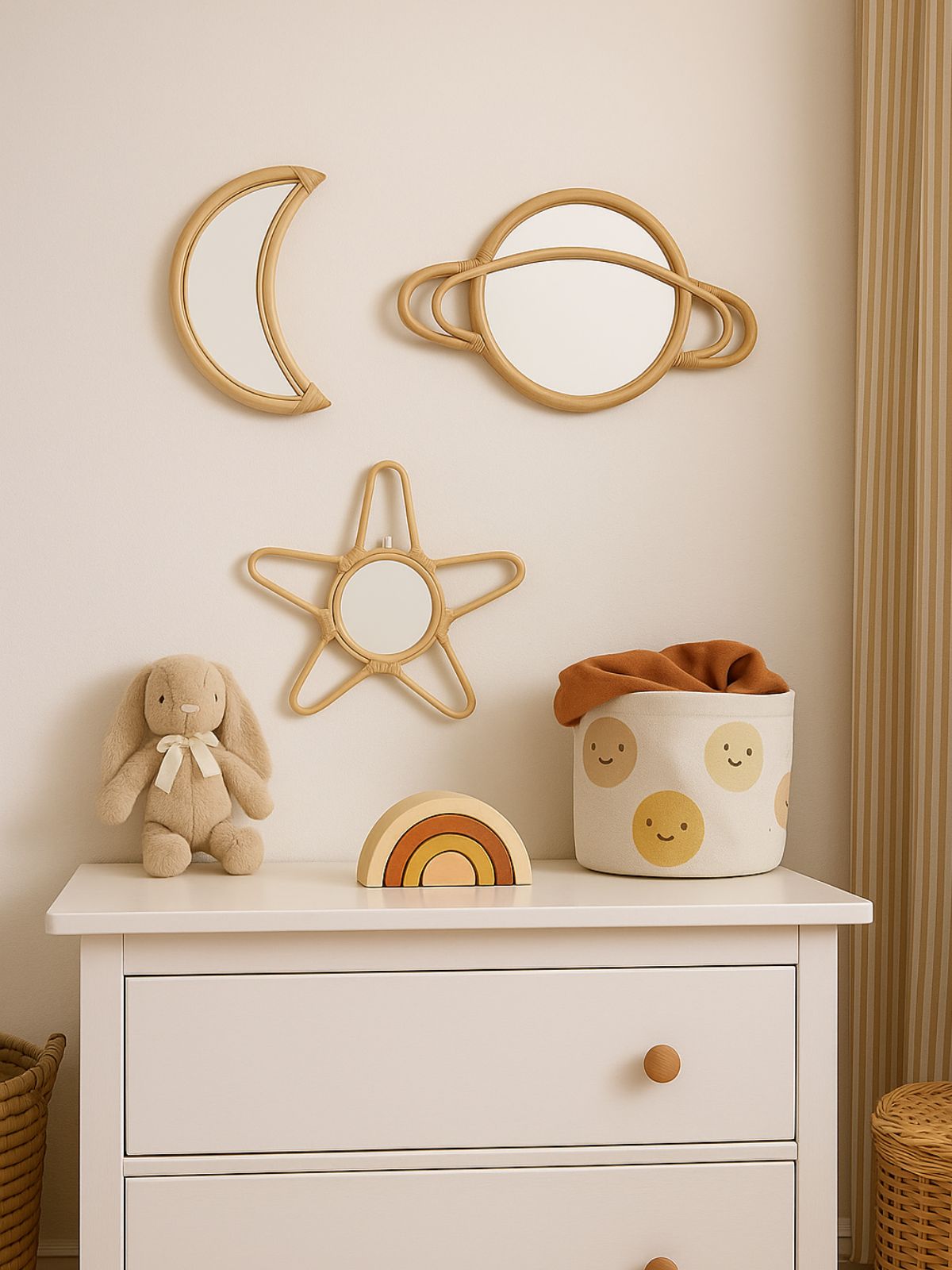 Rattan Moon Wall Mirror – Boho Space &amp; Mystical Kids Room Decor