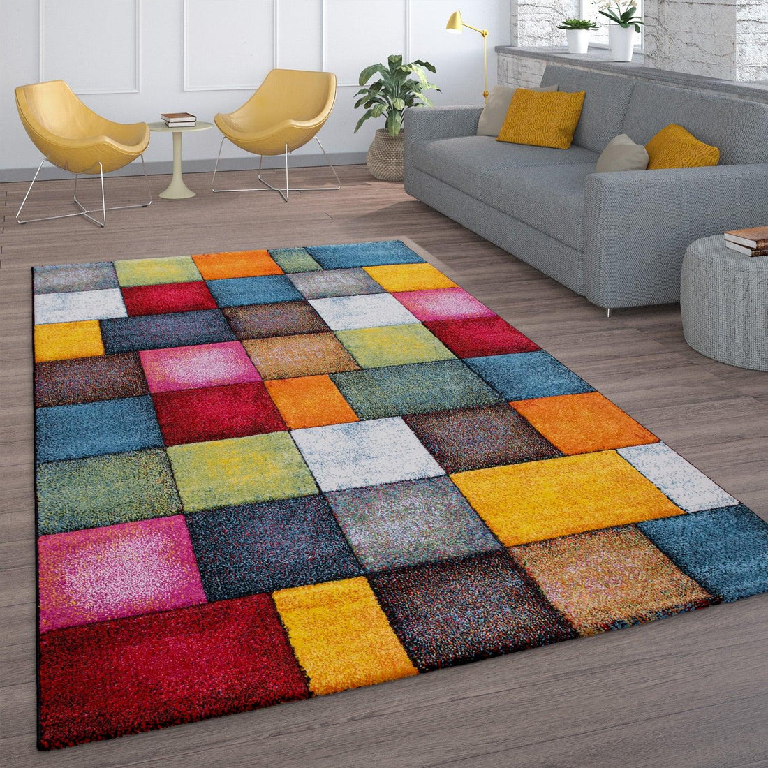 Colorful Area Rug Smaragd Checkered with Geometric Squares