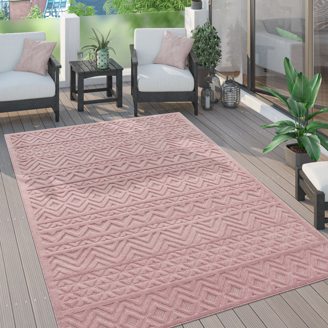 Indoor Outdoor Rug Livorno Boho High-Low Pattern In Pink