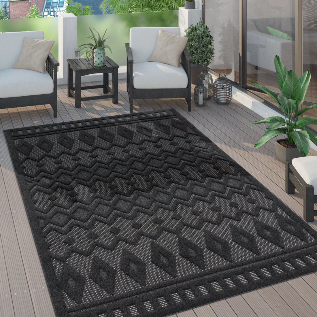 Indoor Outdoor Rug Livorno Geometric Trellis Pattern In Anthracite