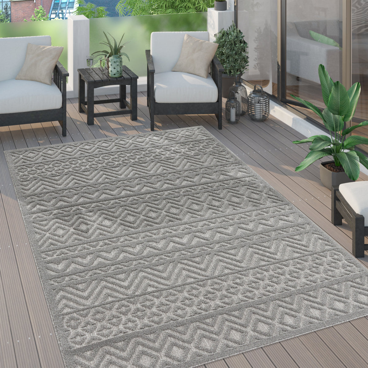 Indoor Outdoor Rug Livorno Boho High-Low Pattern In Grey