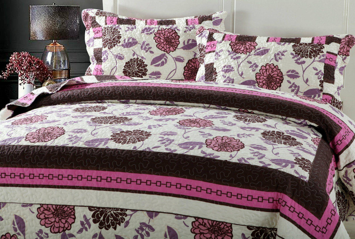 DaDa Bedding Bohemian Purple Blooms Floral Garden Pink Brown Bedspread Set (KBJ1629)