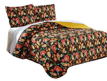 DaDa Bedding Marigold’s Floral Brown Yellow Botanical Garden Quilted Bedspread Set (HS-3330)
