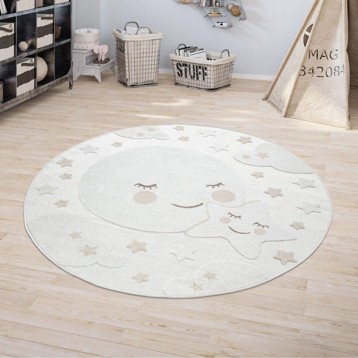 Round Kids Rug Tweet Cuddling Moon &amp; Stars - Cream Beige