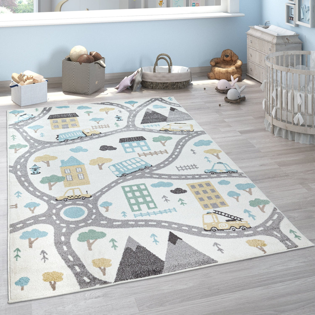Nursery Rug Nino with Town Streets and Cars Motif in Pastel Colors