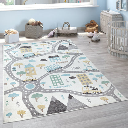 Nursery Rug Nino with Town Streets and Cars Motif in Pastel Colors