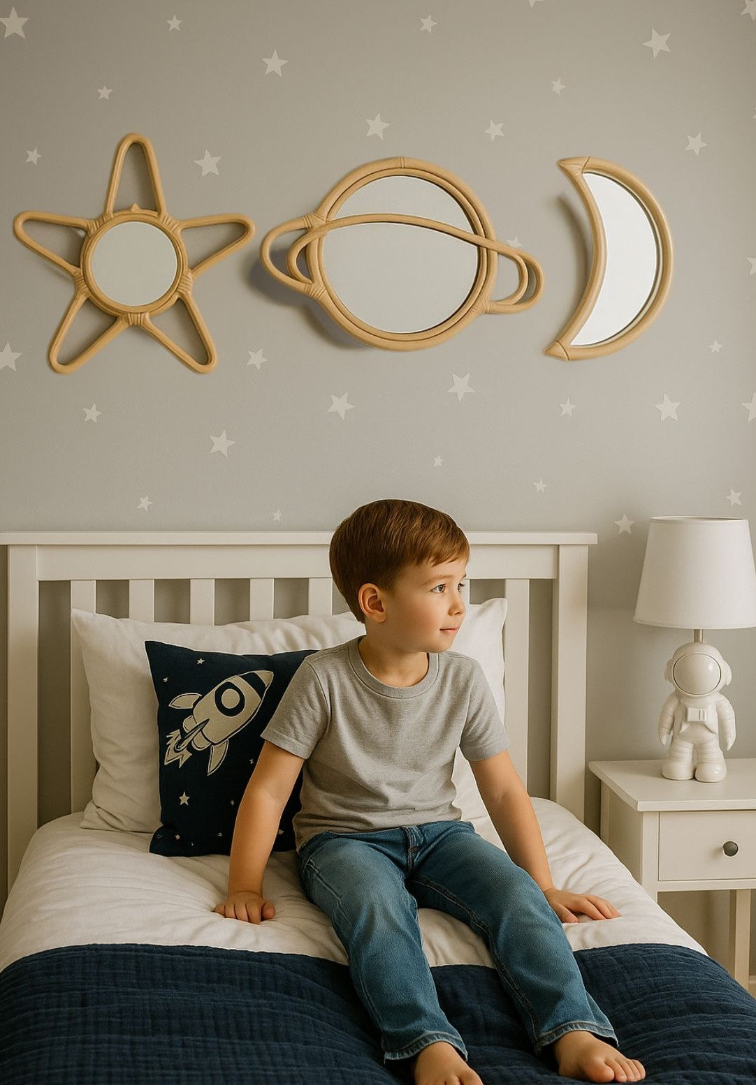 Rattan Moon Wall Mirror – Boho Space &amp; Mystical Kids Room Decor