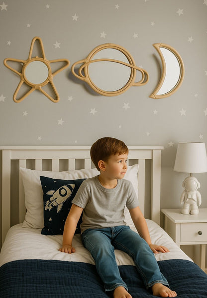 Rattan Moon Wall Mirror – Boho Space &amp; Mystical Kids Room Decor
