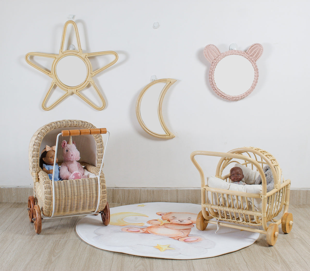Rattan Moon Wall Mirror – Boho Space &amp; Mystical Kids Room Decor