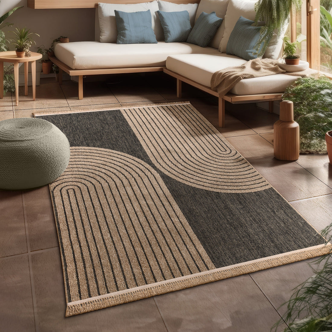 In- &amp; Outdoor Rug Cologne with Modern Lines Design in Beige Black