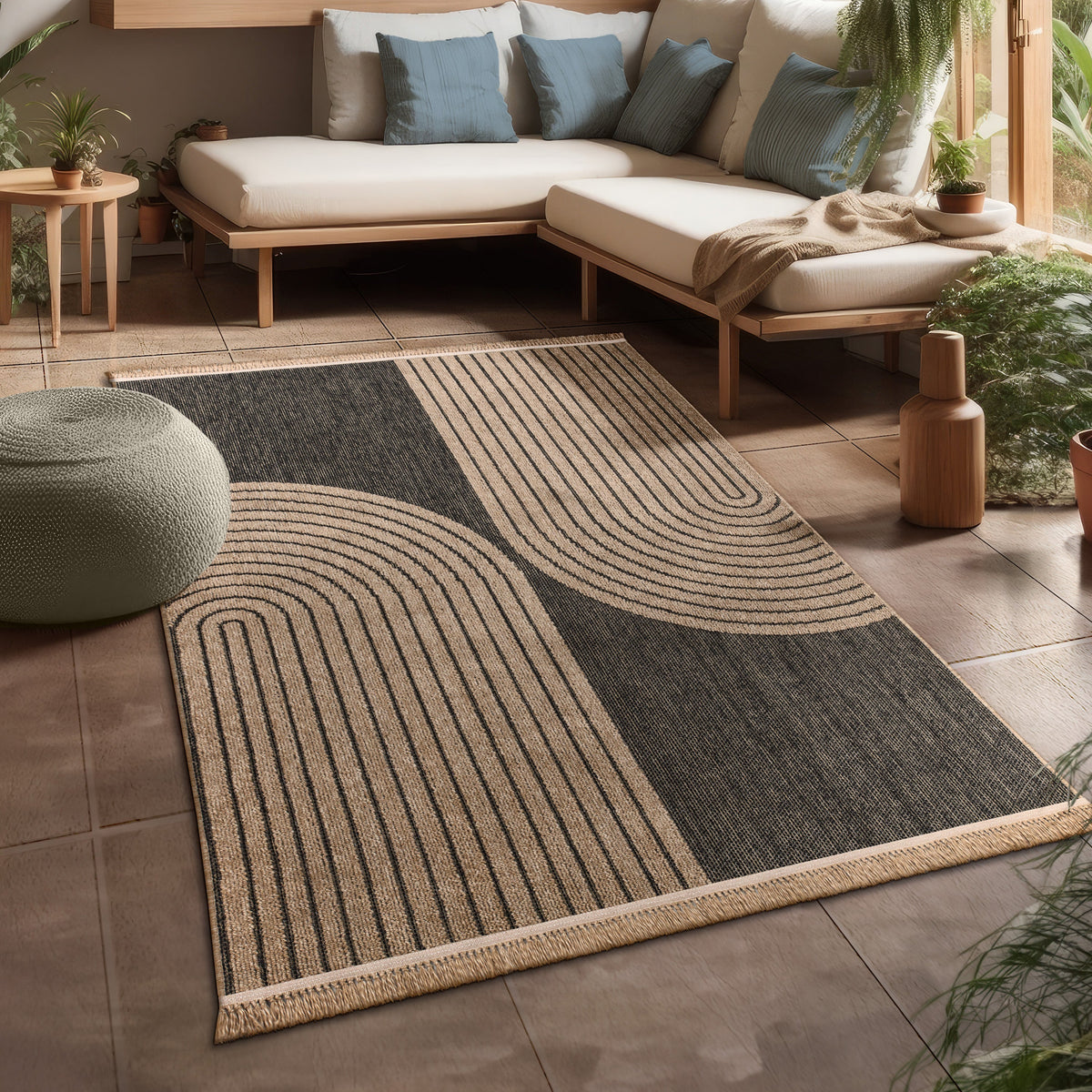 In- &amp; Outdoor Rug Cologne with Modern Lines Design in Beige Black
