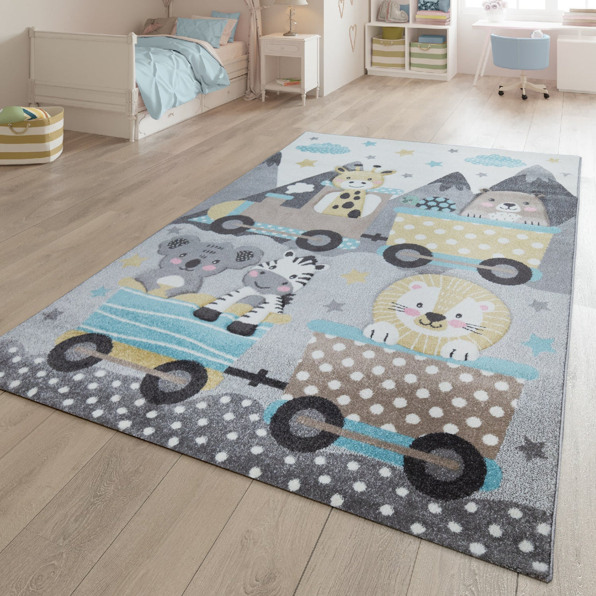 Kids Rug Elaya for Nursery Cute Animals on a Train in Pastel Grey