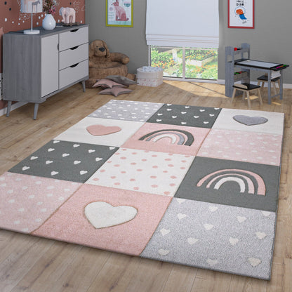 Kids Rug Cosmo Checkered with Rainbows &amp; Hearts - Pink White