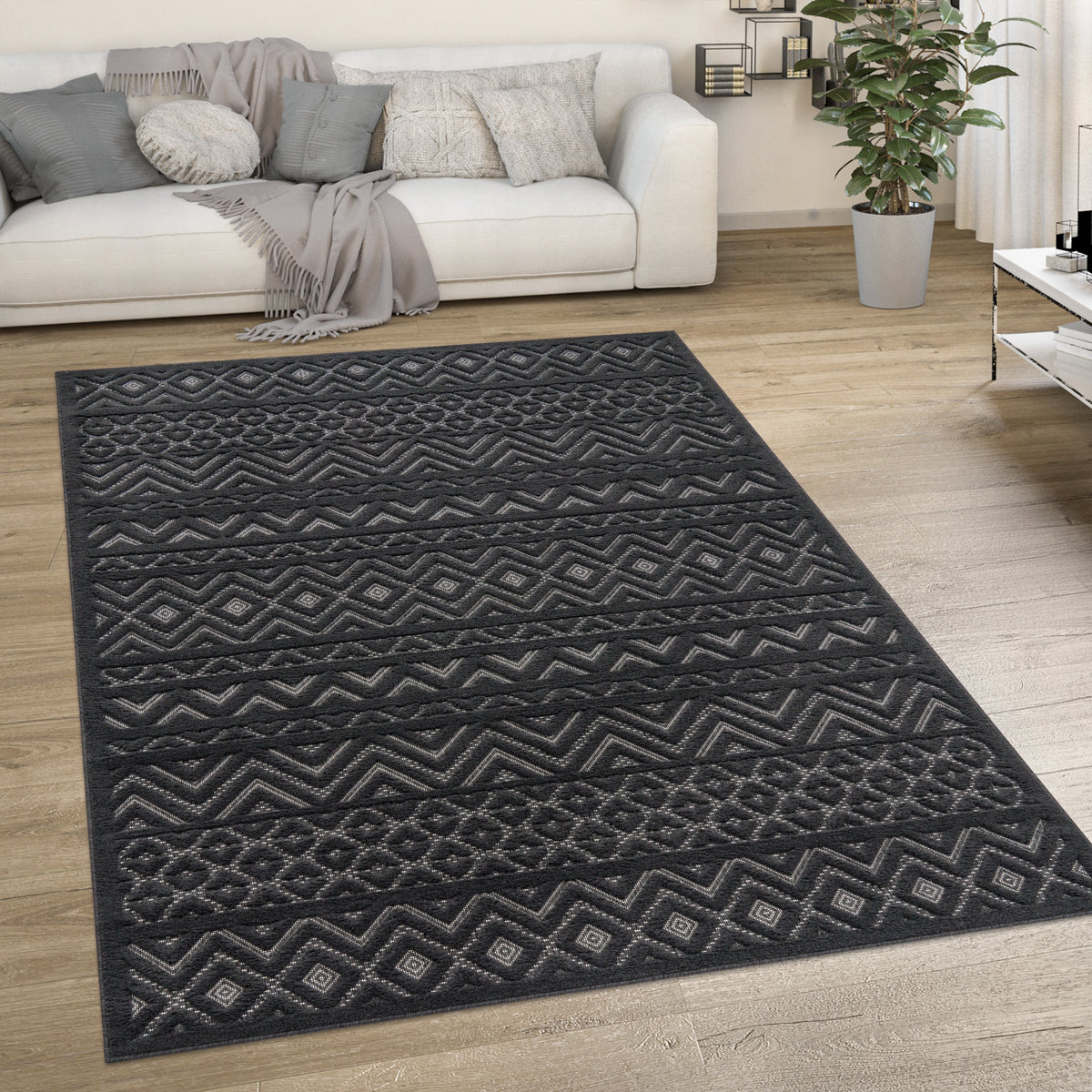 Indoor Outdoor Rug Livorno Boho High-Low Pattern In Anthracite