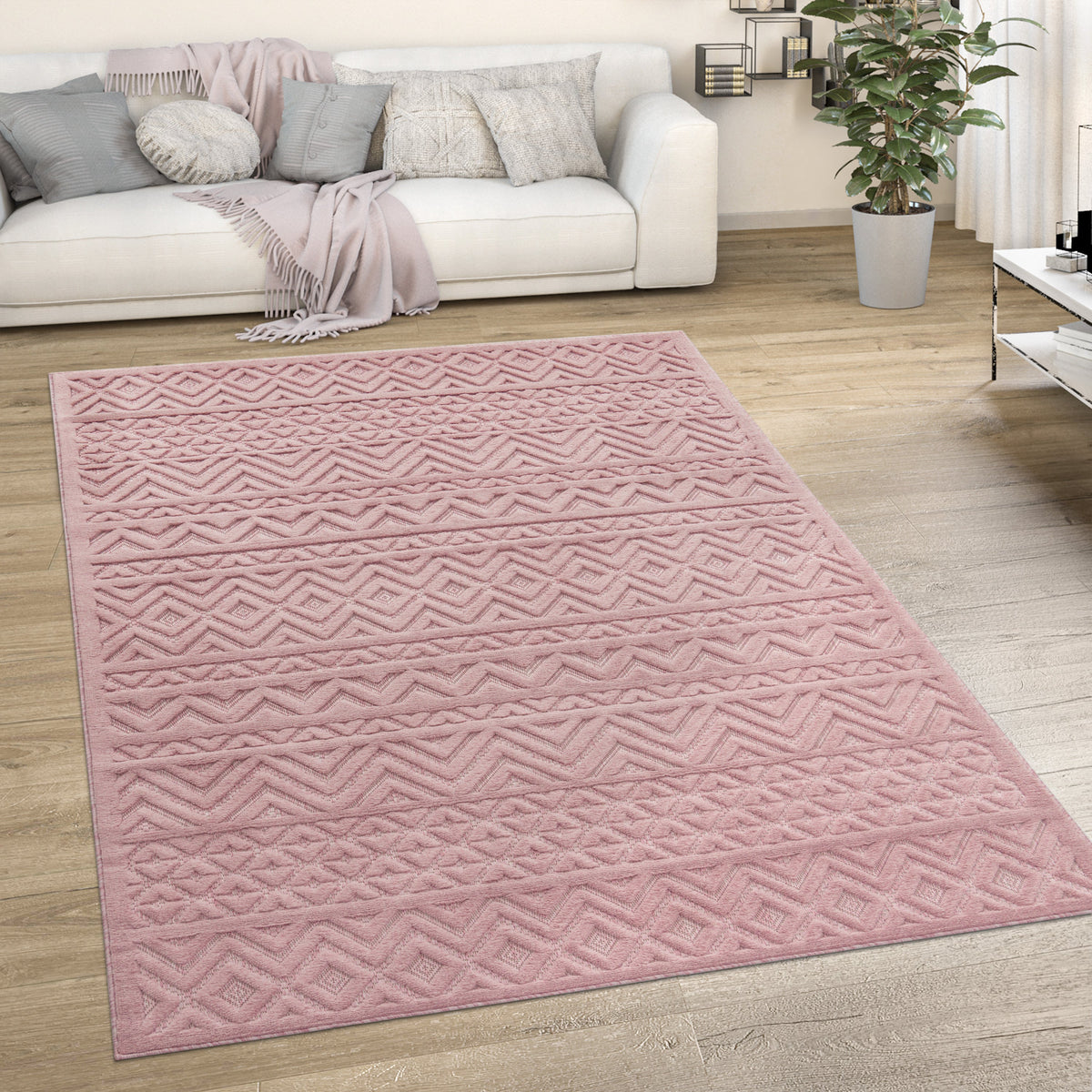 Indoor Outdoor Rug Livorno Boho High-Low Pattern In Pink