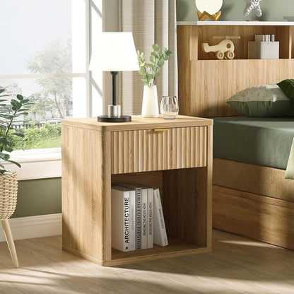 Fluted LED Nightstand with Charging Station, Drawer Side Tables, Oak -YANOSAKU